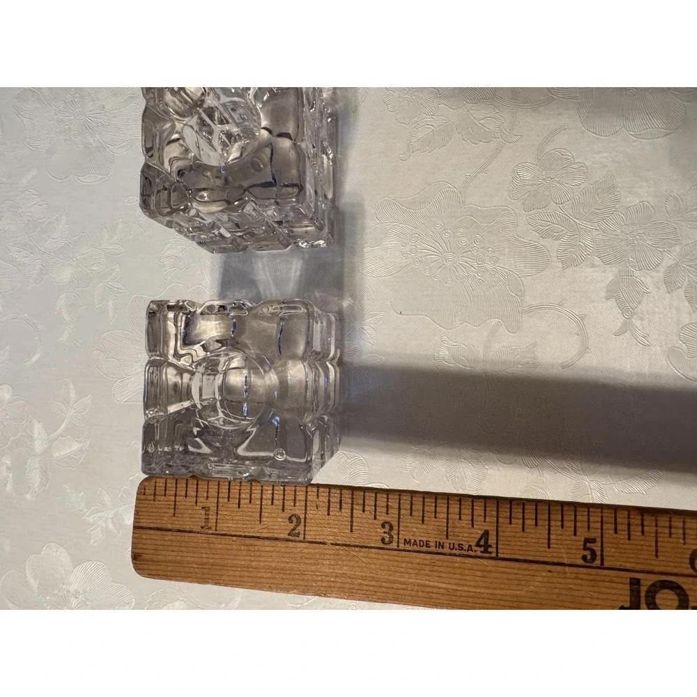 Vintage Biedermann Pair Clear Glass Cube Taper Candle Holders Ice Block Decor